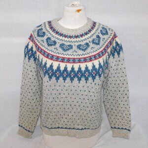 VTG Woolrich Womens M Wool Blend Fair Isle hearts  Sweater Gray Blue Maroon
